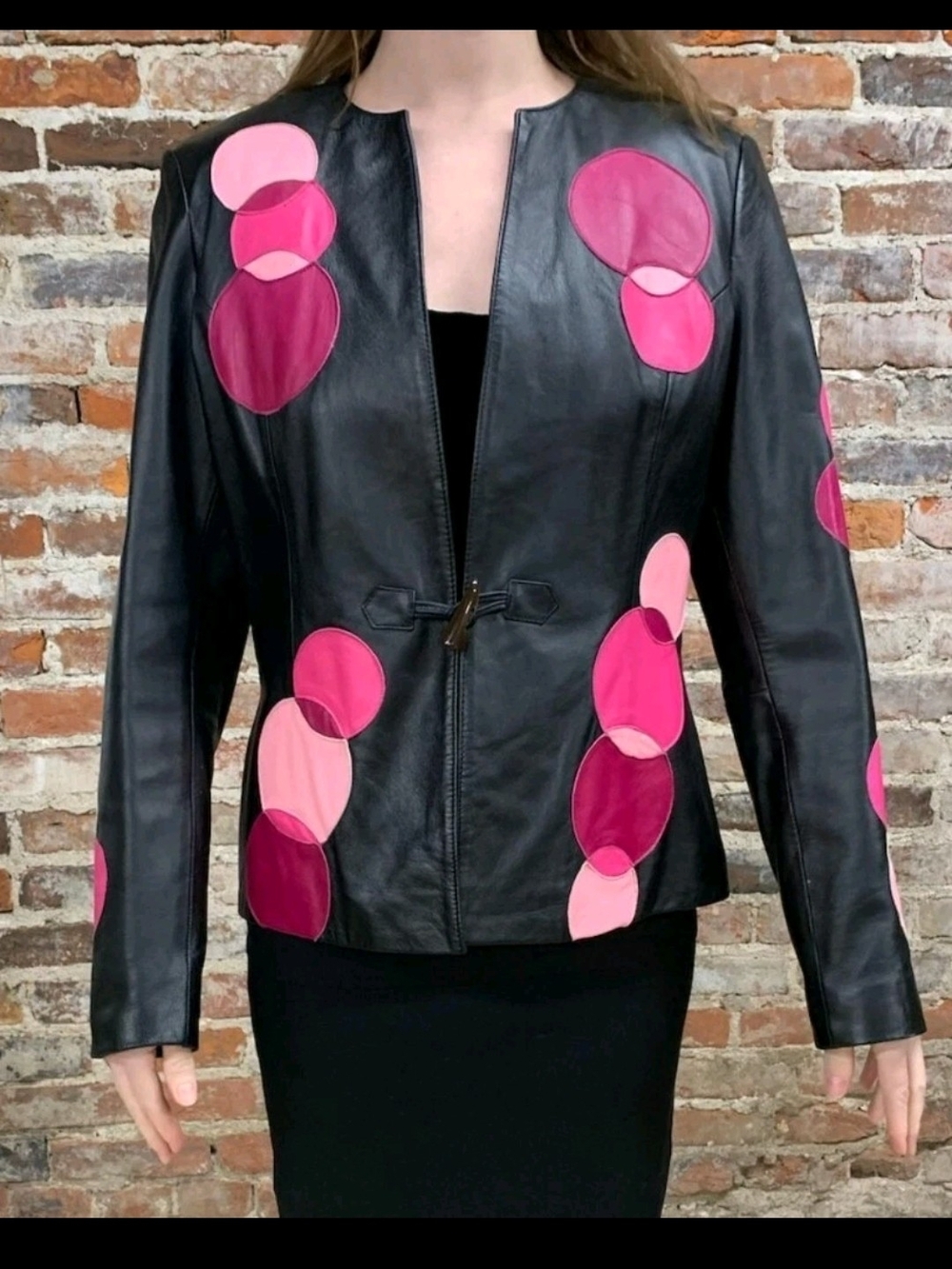 Vintage BELLE SPORT Black leather jacket with Pink Circle Appliqué Size Small